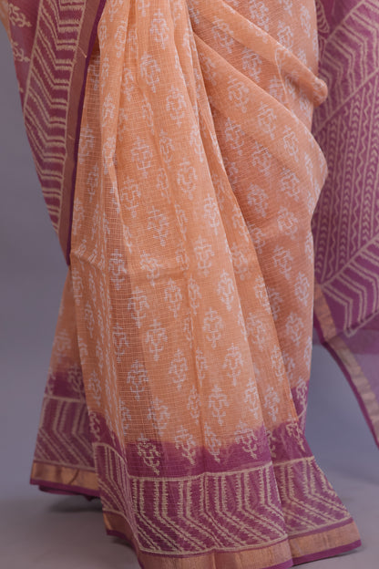 Pure Kota Doria Saree with Bagru Handblock Prints – Peach | Looms&Tassels