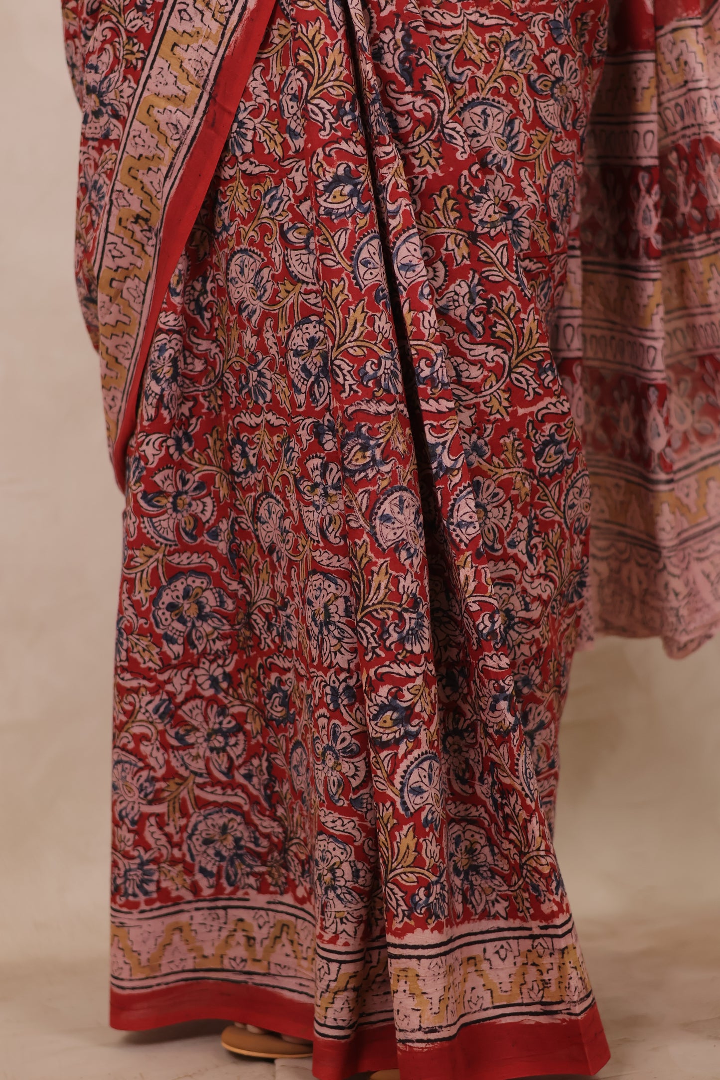 Red Hand Block Printed Kalamkari Cotton Saree | Looms & Tassels