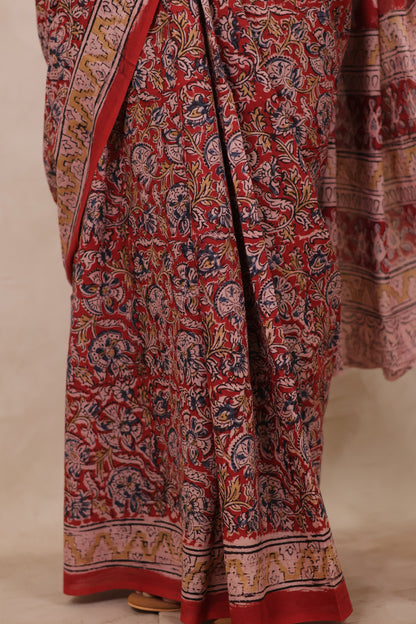 Red Hand Block Printed Kalamkari Cotton Saree | Looms & Tassels