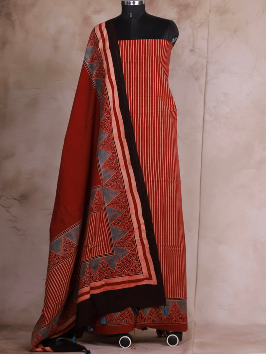 Maroon Stripes Ajrakh Handblock Printed Pure Cotton 2 piece suit set | Looms & Tassels