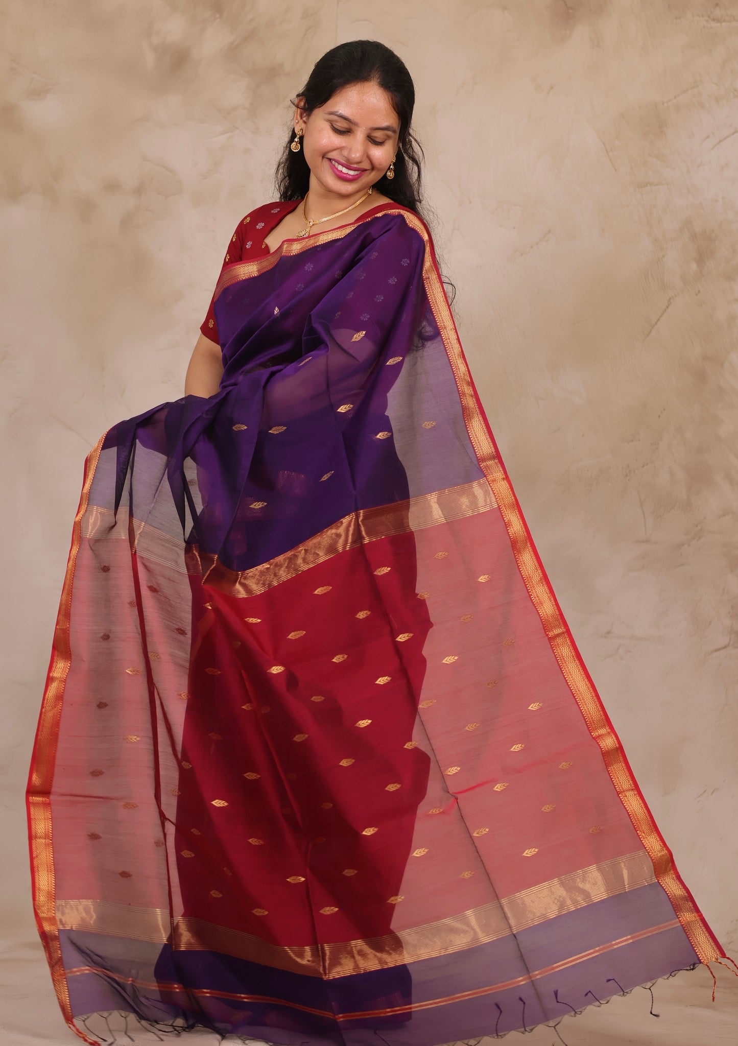 Purple Handloom Maheswari Silk Cotton Sarees | Looms & Tassels