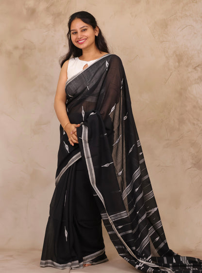 Black Handwoven Malai Cotton Saree | Looms & Tassels