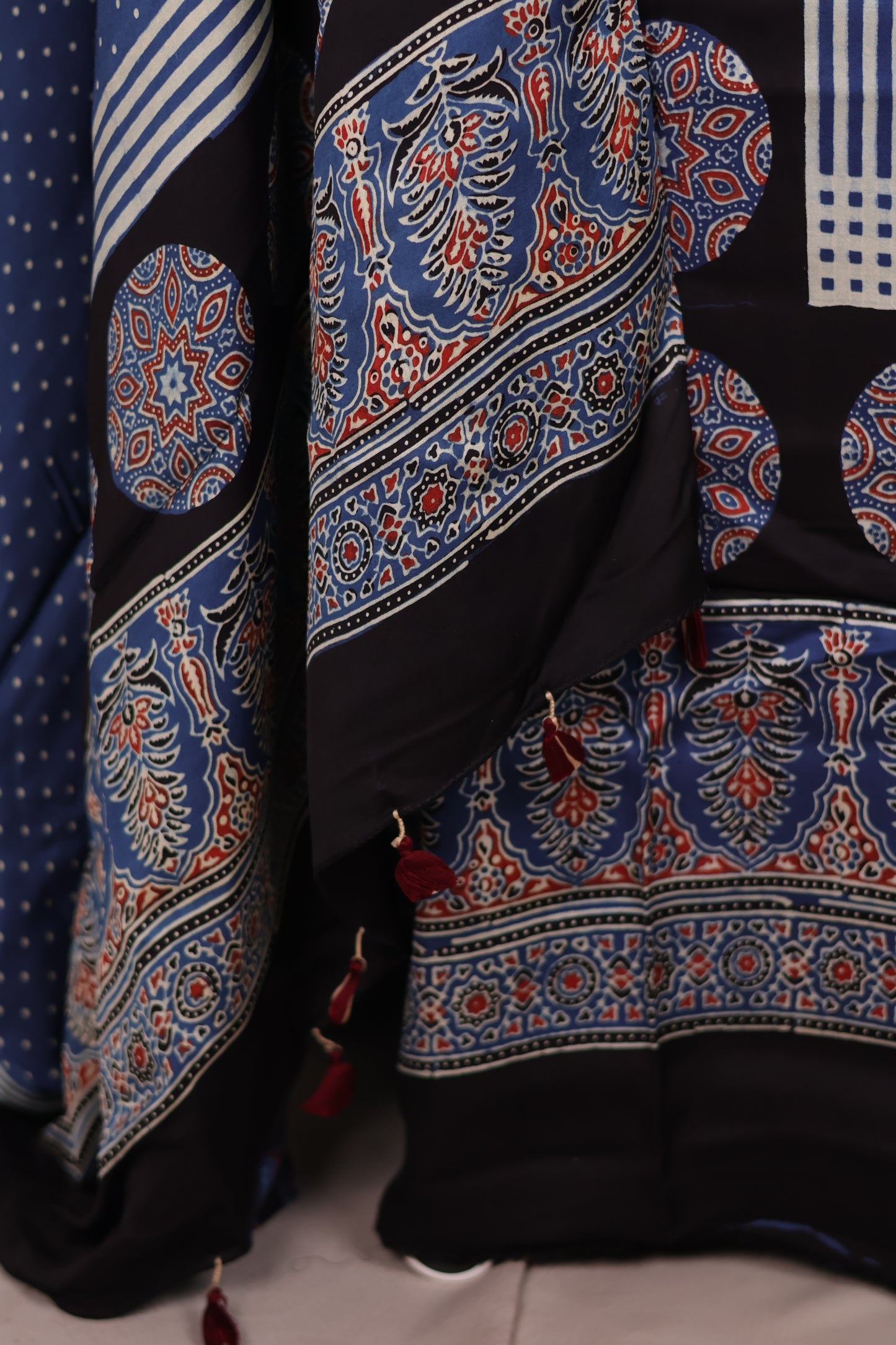 Indigo Ajrakh Handblock Printed Modal Silk 2 Piece Suit Set | Looms & Tassels