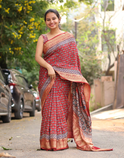 Red Ajrakh Dola Silk Saree