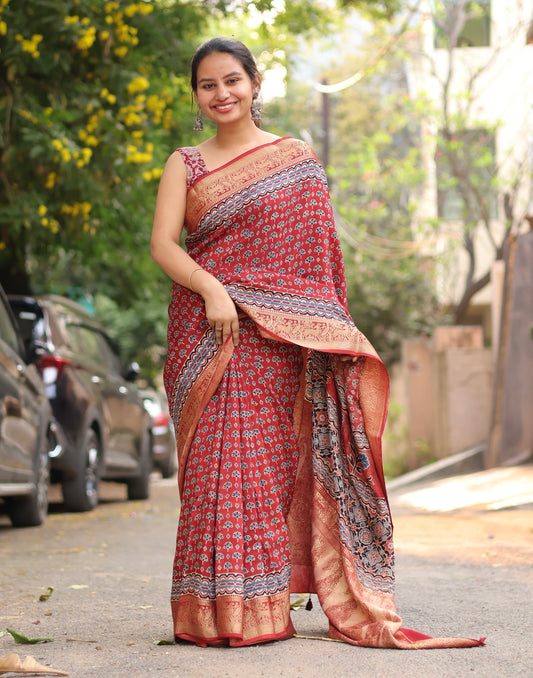 Red Ajrakh Dola Silk Saree