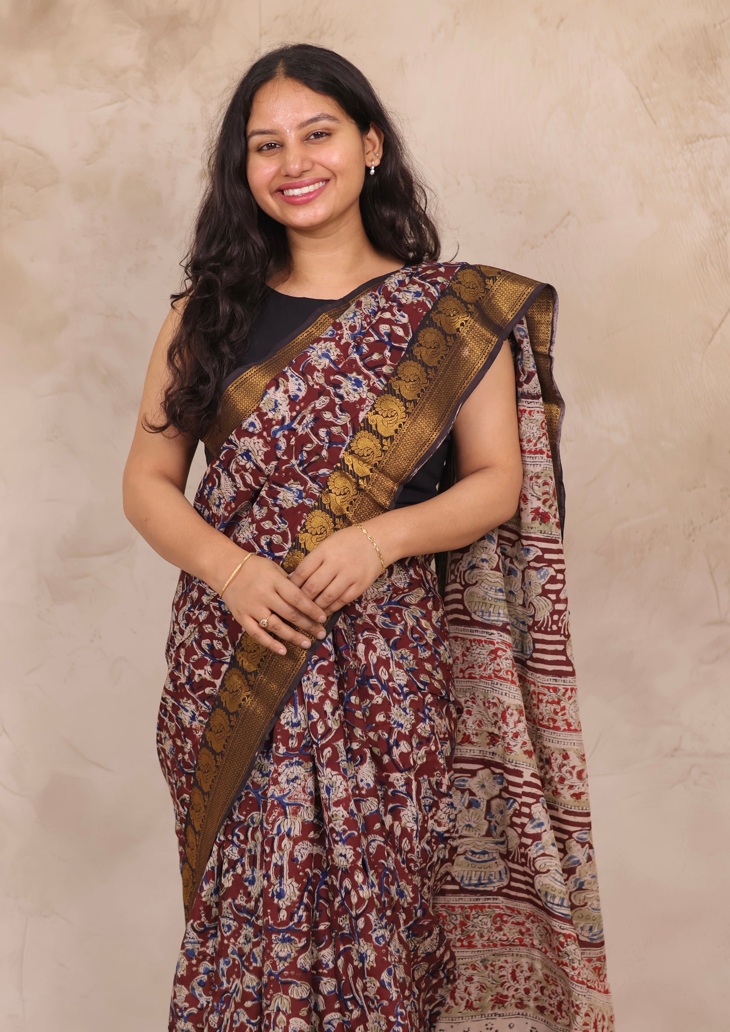 Hand Block Printed Kalamkari Kanchi Border Silk Saree