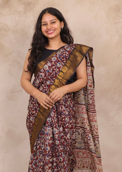 Hand Block Printed Kalamkari Kanchi Border Silk Saree