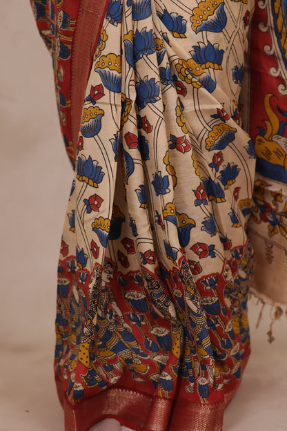 Cream Lotus Story Telling Kalamkari Nizam Border Chennur Silk Saree | Looms & Tassels