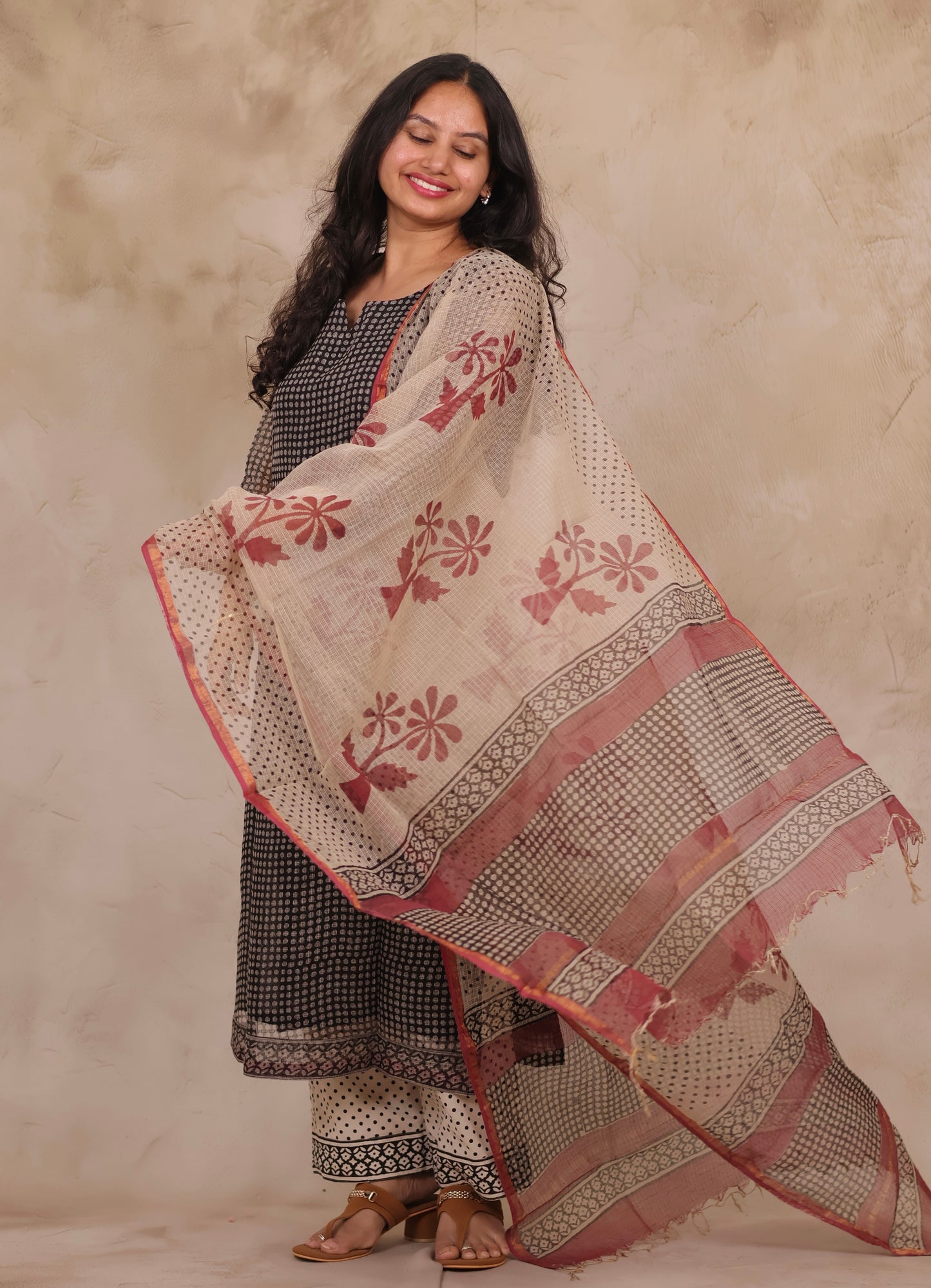 Black Polka Dots Handblock printed kota 3 piece suit (stitched)