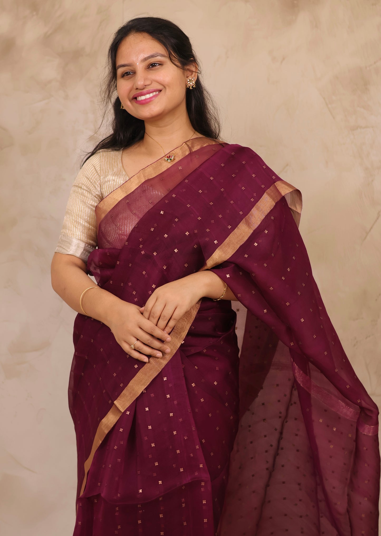 Wine Handwoven Muslin Silk Saree With Sequence Work | Looms & Tassels