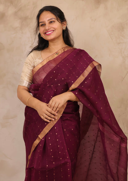 Wine Handwoven Muslin Silk Saree With Sequence Work | Looms & Tassels