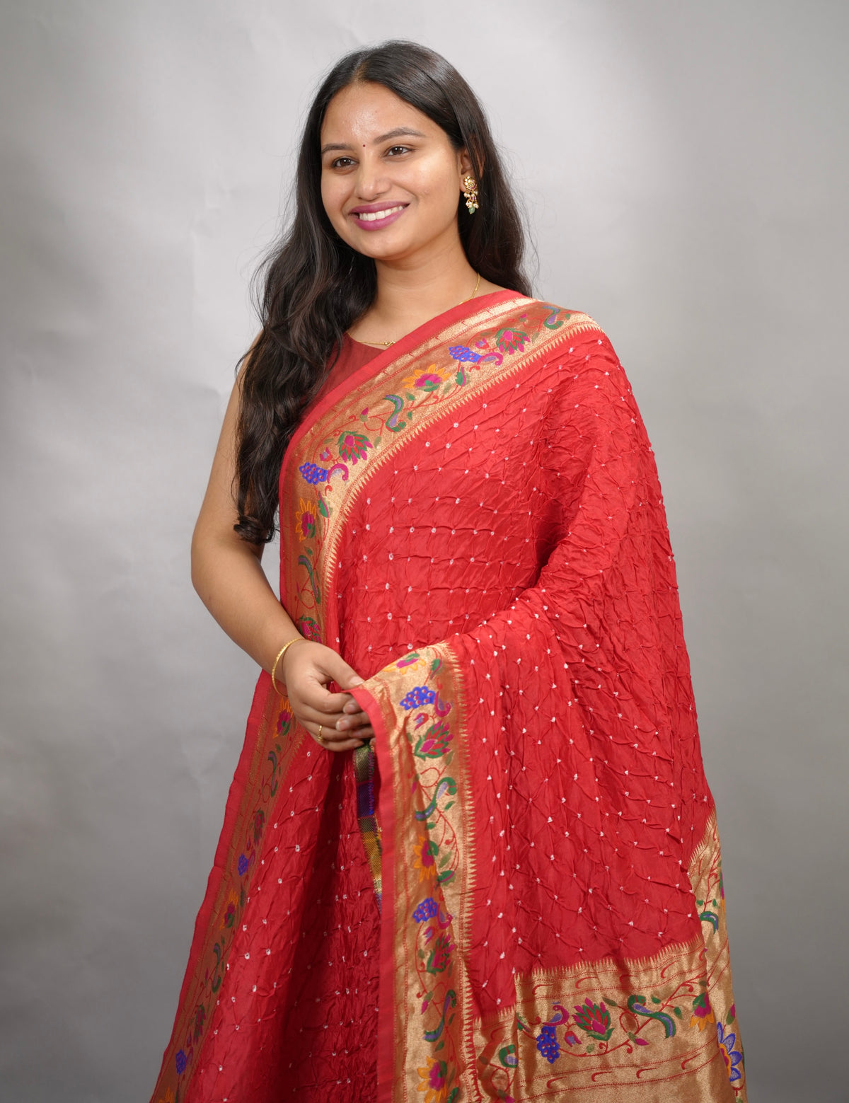 Red Handcrafted Bandhani Paithani Dola Silk Saree | Looms & Tassels