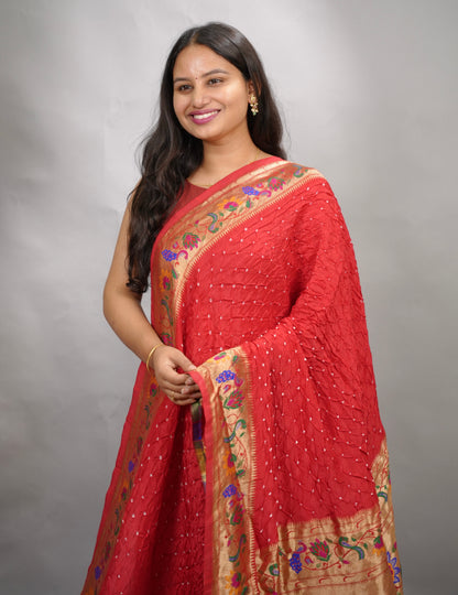 Red Handcrafted Bandhani Paithani Dola Silk Saree | Looms & Tassels