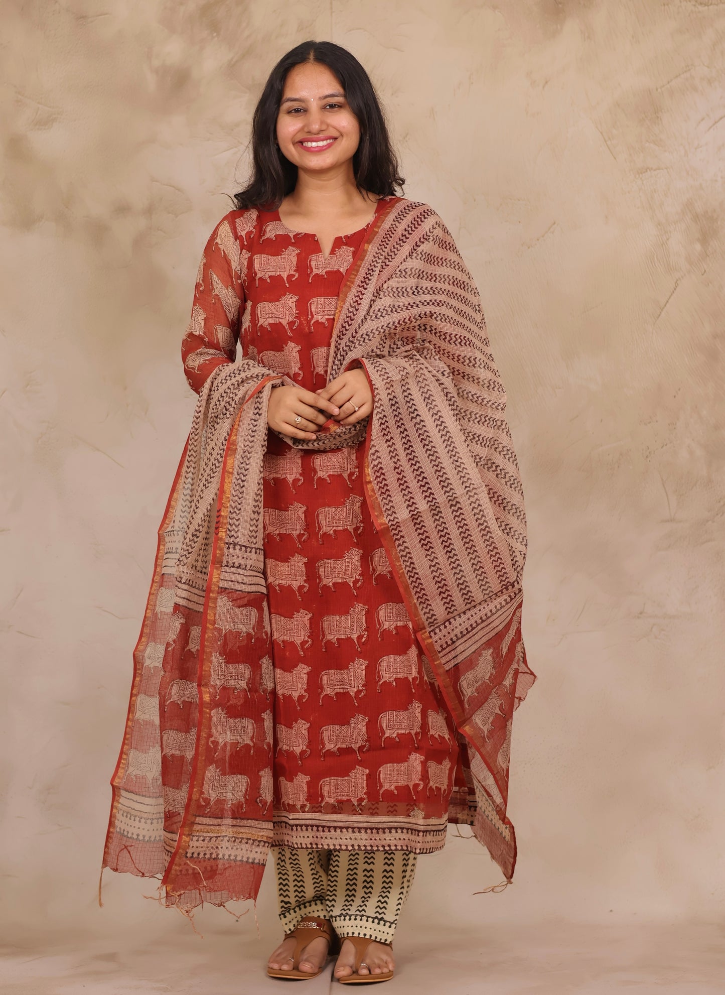 Maroon Pichwai Handblock printed kota 3 piece suit (stitched)