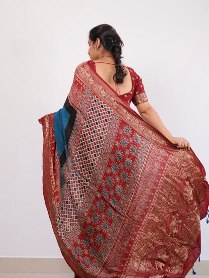 Ajrakh Dola Silk Saree