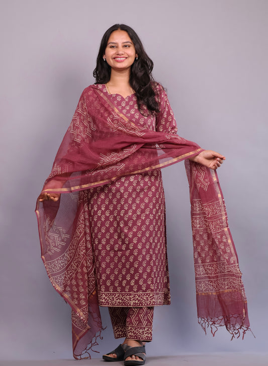 Handblock printed Pure Mul Cotton with Kota Duppata 3 piece suit (stitched)