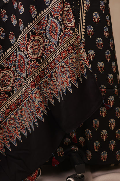 Black Ajrakh Handblock Printed Modal Silk 2 Piece Suit Set | Looms & Tassels