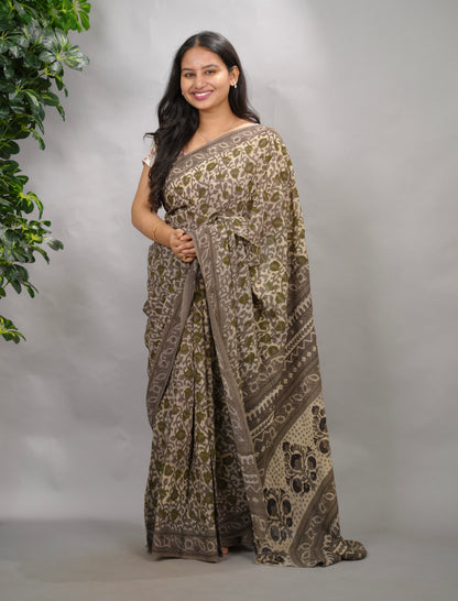 Grey Georgette Hand Block Printed Saree| Looms & Tassels