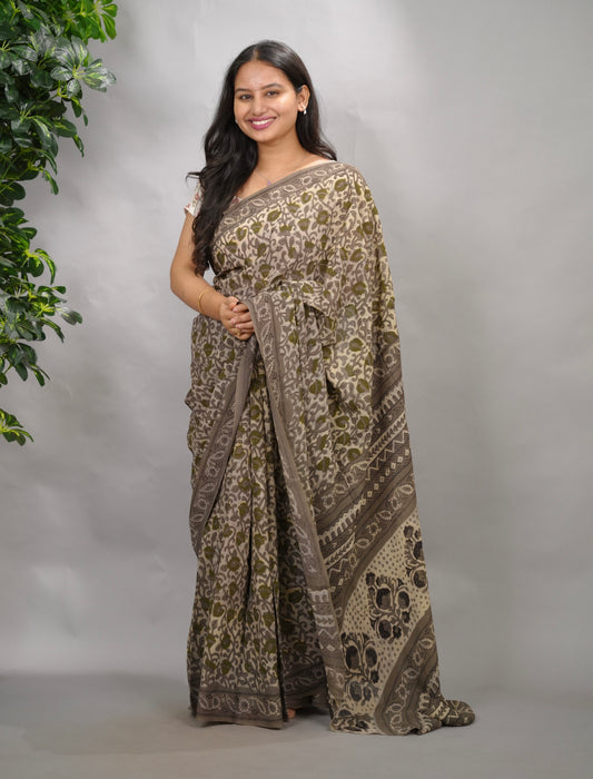 Grey Georgette Hand Block Printed Saree| Looms & Tassels