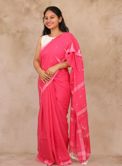 Pink Handwoven Malai Cotton Saree| Looms & Tassels