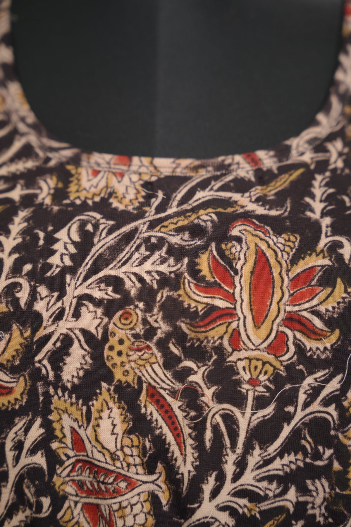 Black Round Neck Stretchable Hand block printed kalamkari blouse (elbow sleeves) | Looms & Tassels