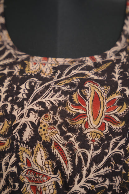 Black Round Neck Stretchable Hand block printed kalamkari blouse (elbow sleeves) | Looms & Tassels