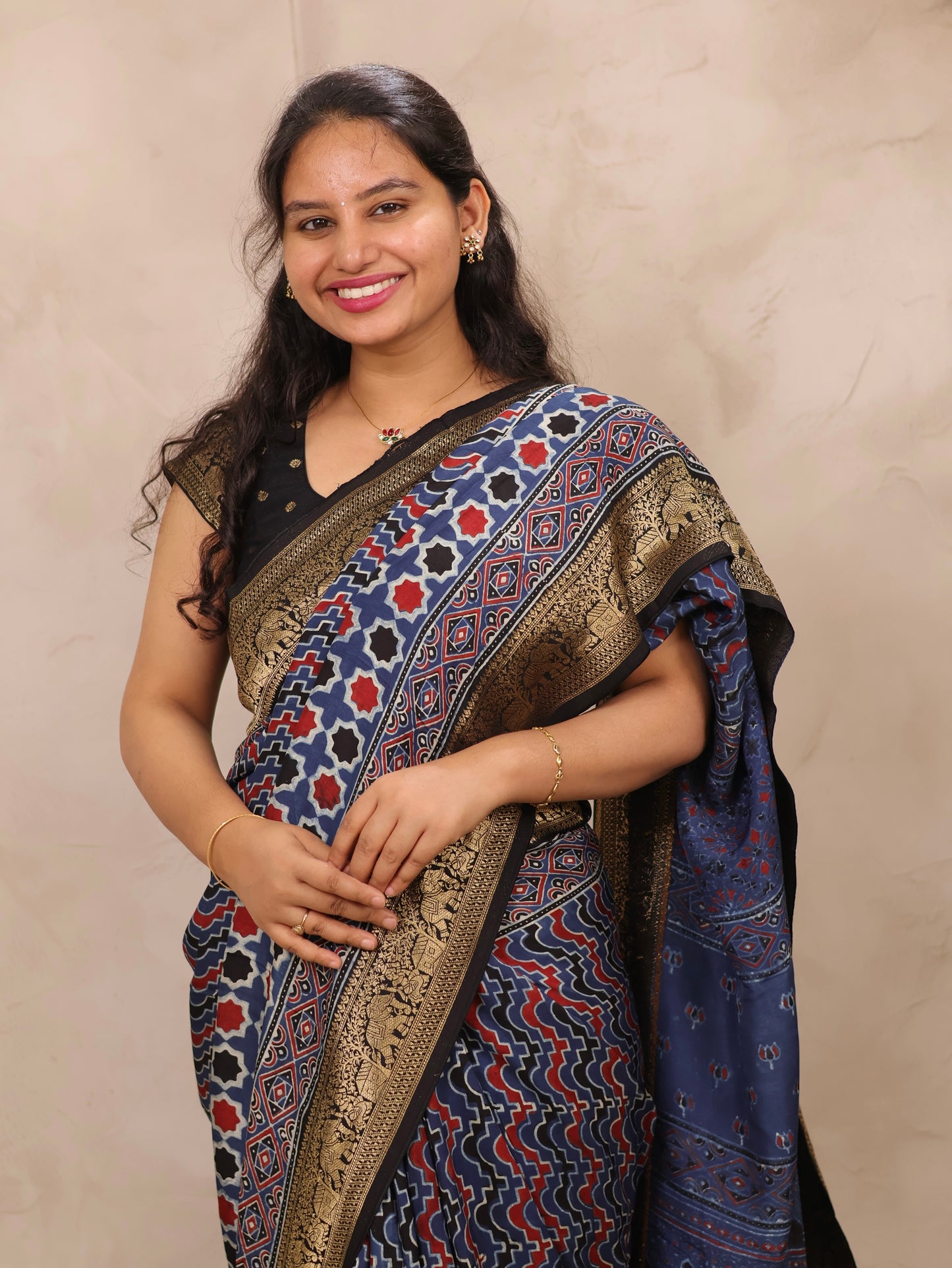 Indigo Ajrakh Handblock printed Dola Silk Saree | Looms & Tassels