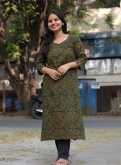 Green Ajrakh Hand Block Printed Kurti