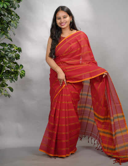 Red Narayanpet Cotton Saree | Looms & Tassels