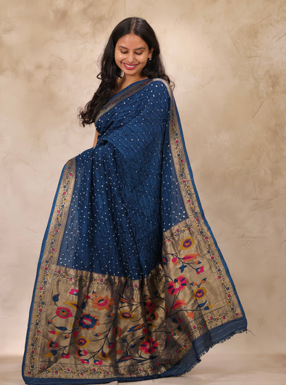 Cyan Blue Handcrafted Bandhani Paithani Dola Silk Saree | Looms & Tassels