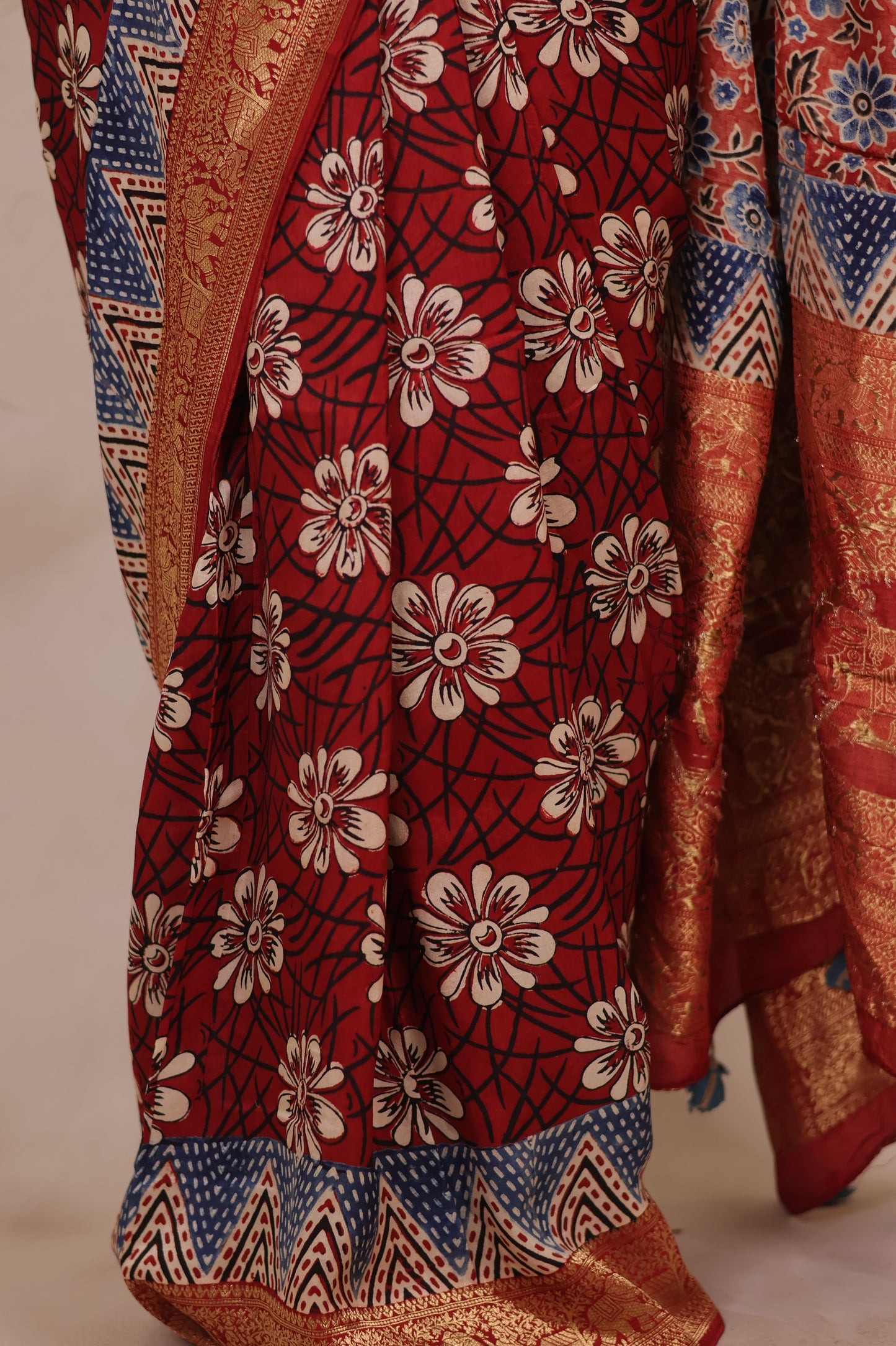 Floral Ajrakh Handblock printed Dola Silk Saree | Looms & Tassels