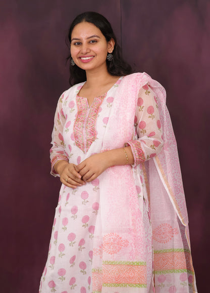 White Handblock printed kota 3 piece suit (stitched)