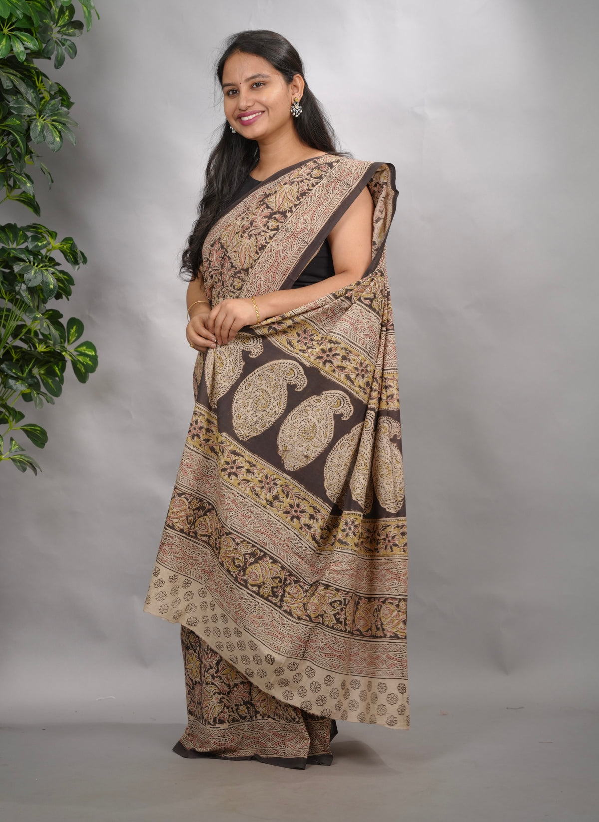 Grey Hand Block Printed Kalamkari Cotton Saree | Looms & Tassels