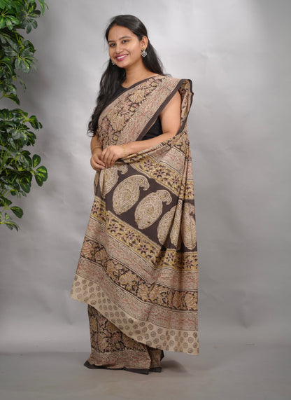 Grey Hand Block Printed Kalamkari Cotton Saree | Looms & Tassels