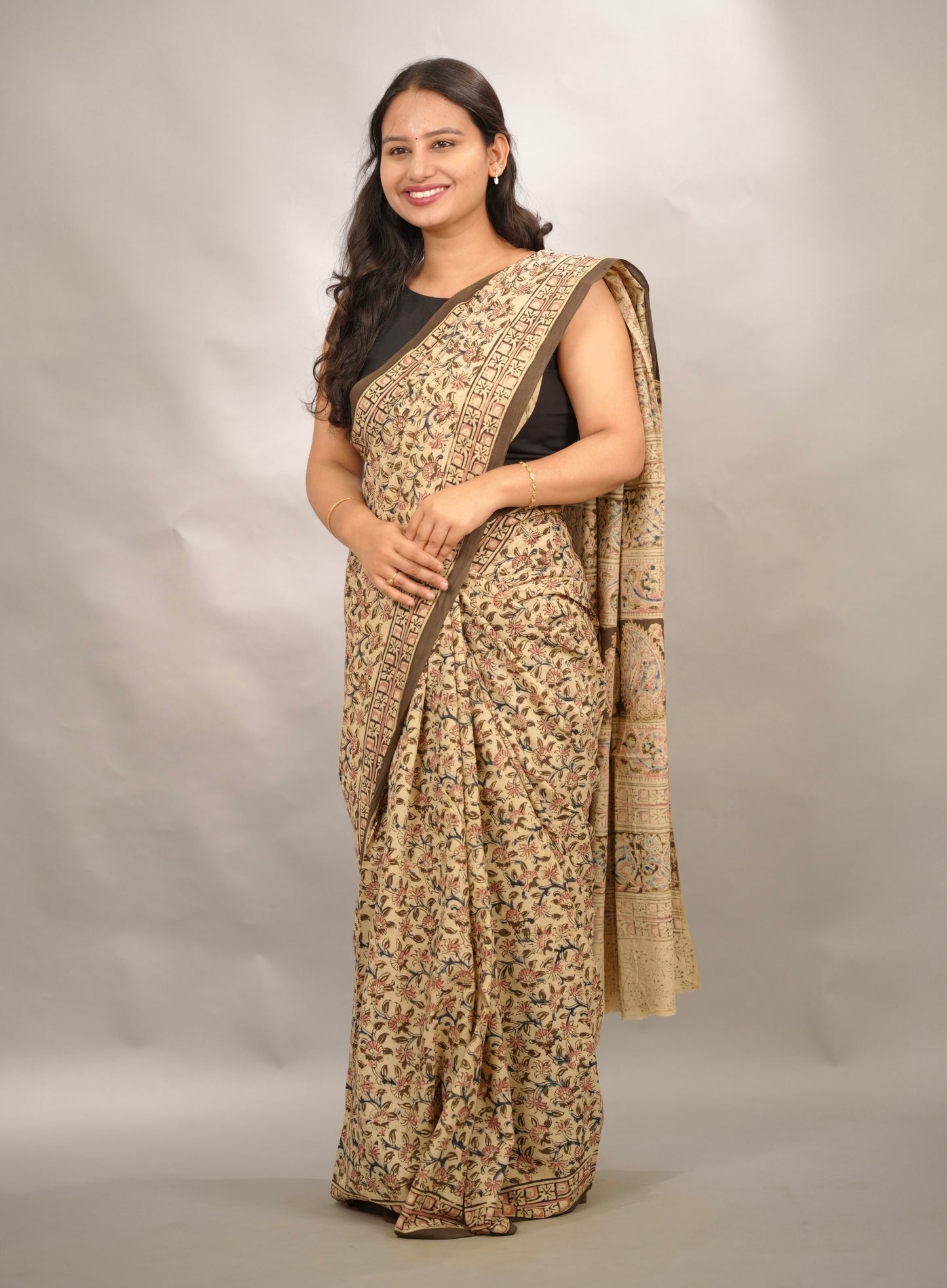 Cream Hand Block Printed Kalamkari Cotton Saree | Looms & Tassels