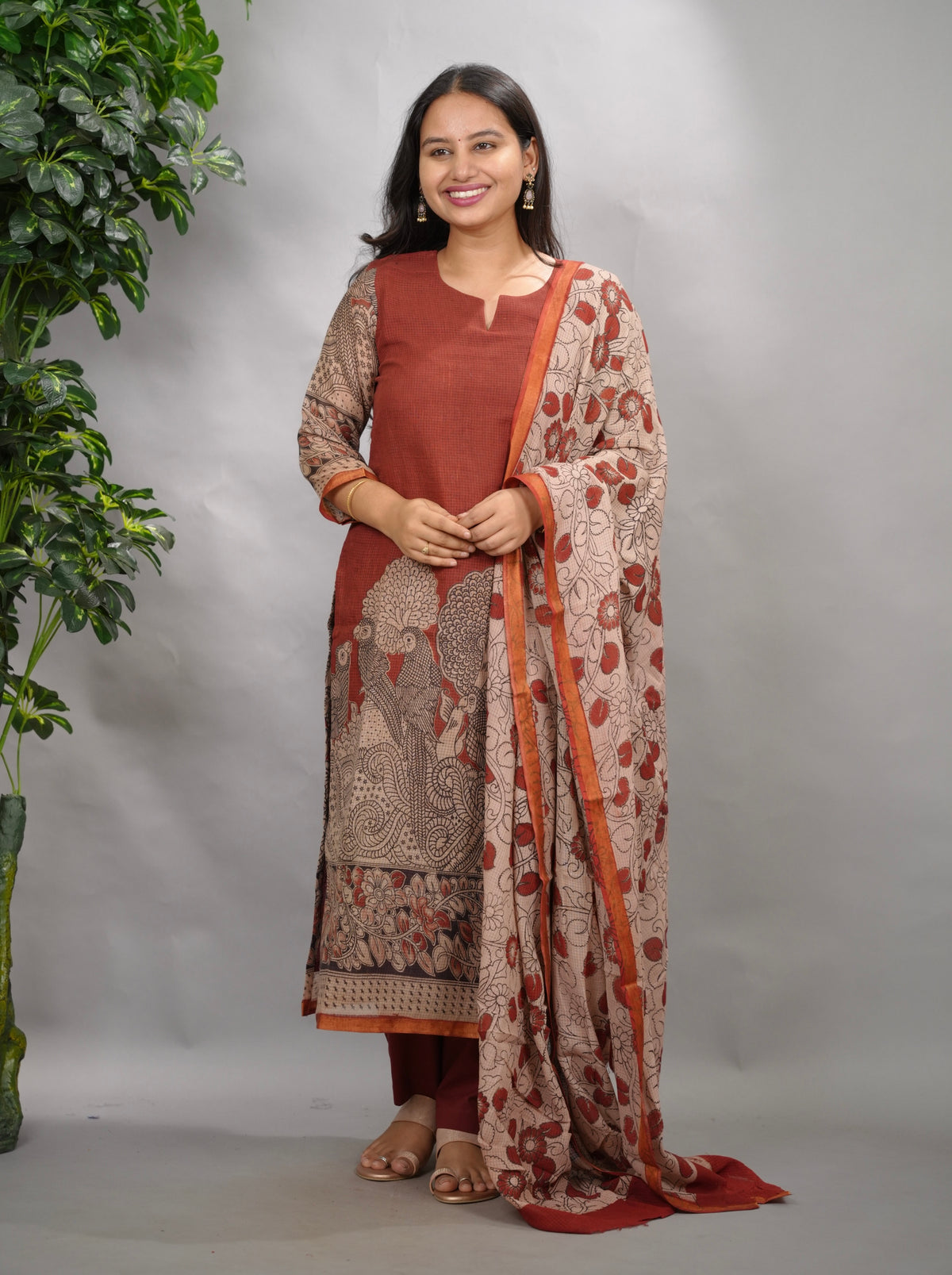 Maroon Kalamkari Kota Cotton 3 piece suit (stitched) | Looms & Tassels