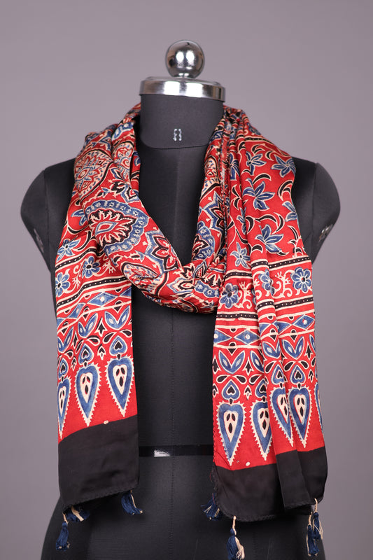 Red Ajrakh Hand Block Printed Modal Silk Stole | Looms & Tassels