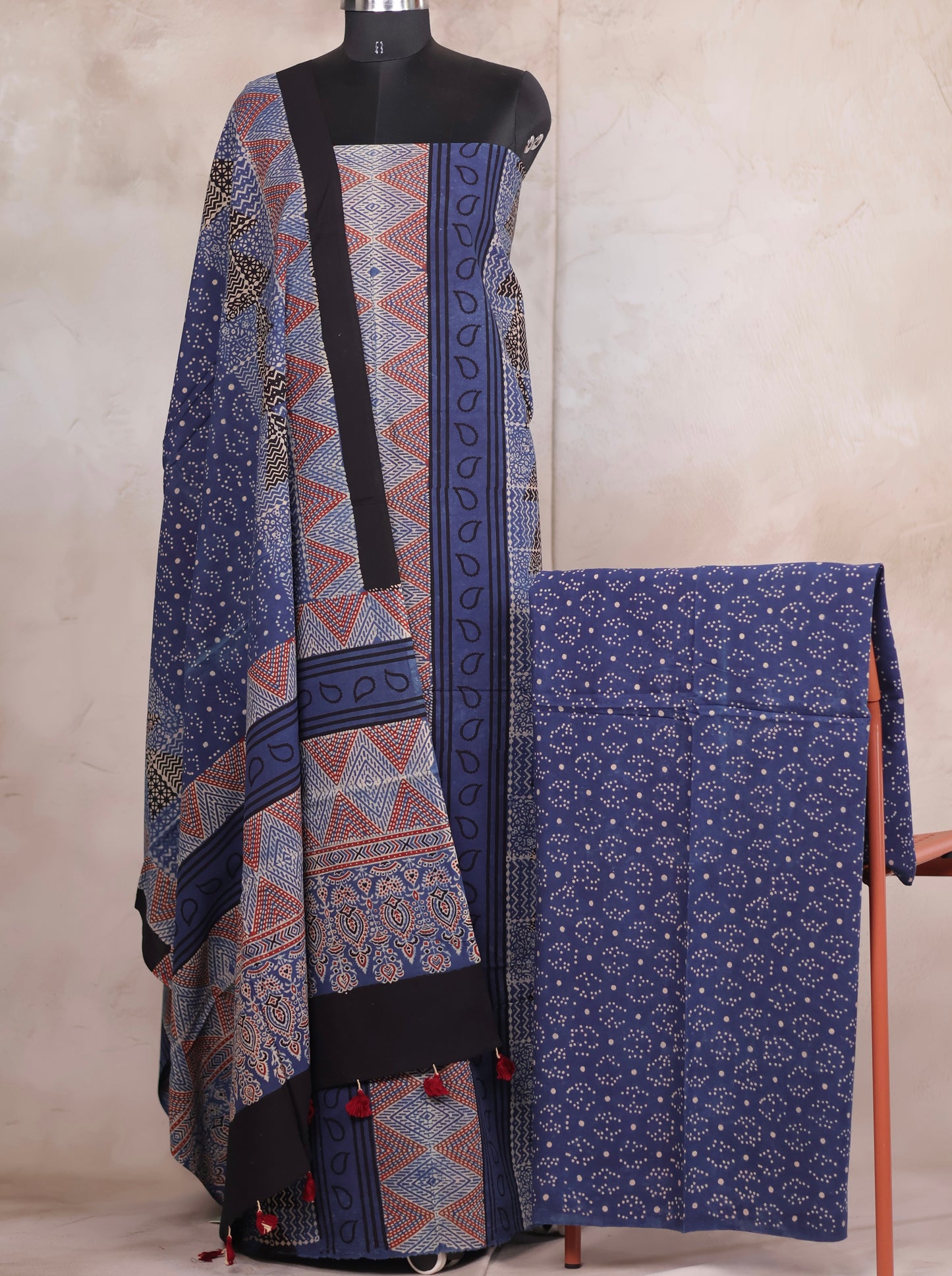 Indigo Ajrakh Handblock Printed Pure Cotton 3 piece suit set | Looms & Tassels