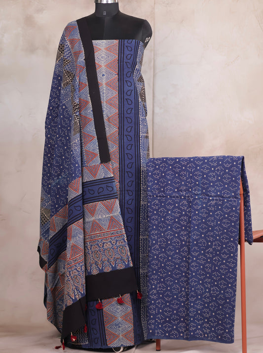 Indigo Ajrakh Handblock Printed Pure Cotton 3 piece suit set | Looms & Tassels