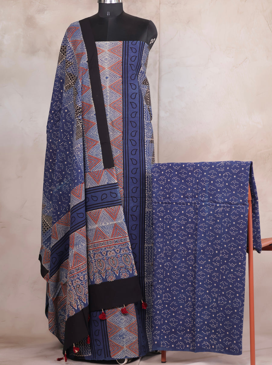 Indigo Ajrakh Handblock Printed Pure Cotton 3 piece suit set | Looms & Tassels