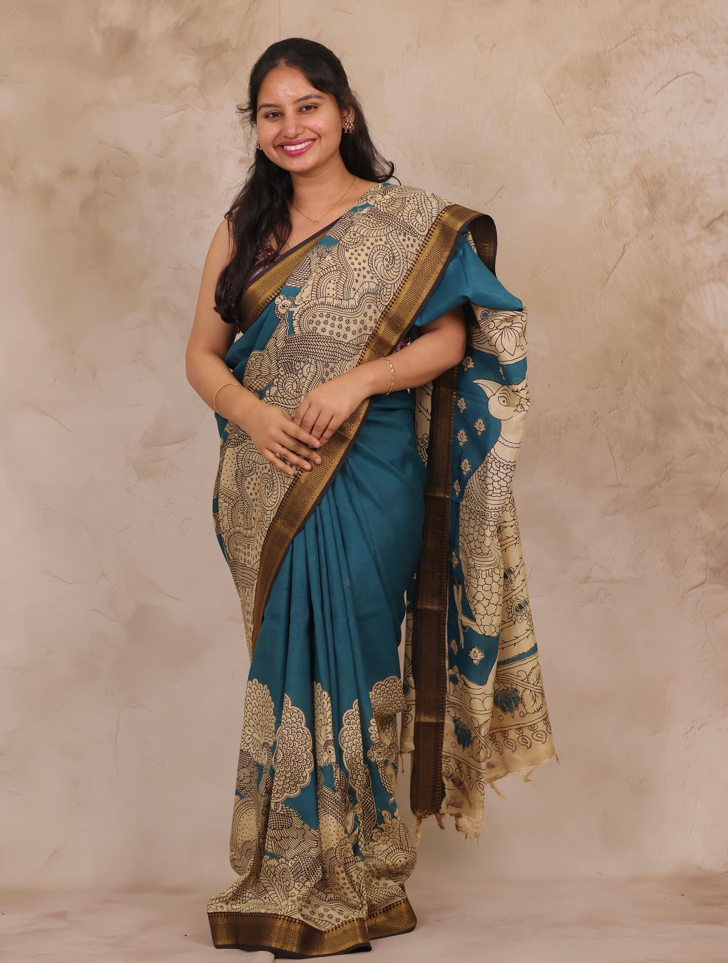 Blue Kalamkari Nizam Border Chennur Silk Saree | Looms & Tassels