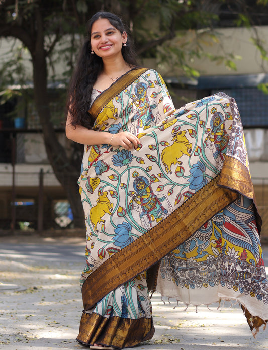 Cream Kanchi border Kalamkari chennur silk saree