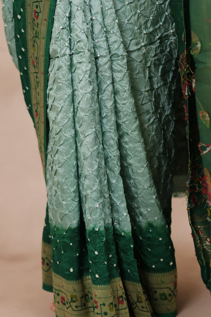 Green & Peach Handcrafted Bandhani Paithani Dola Silk Saree | Looms & Tassels