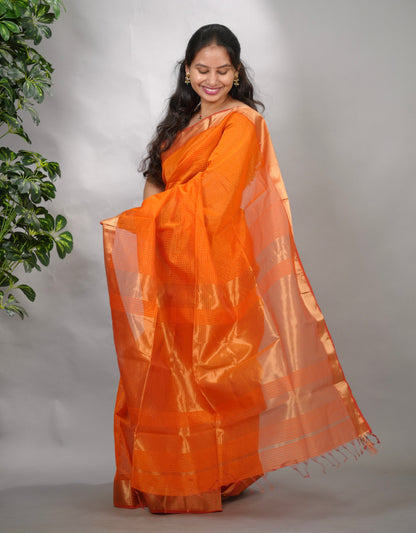 Orange Checks Handloom Maheswari Silk Cotton Sarees | Looms & Tassels