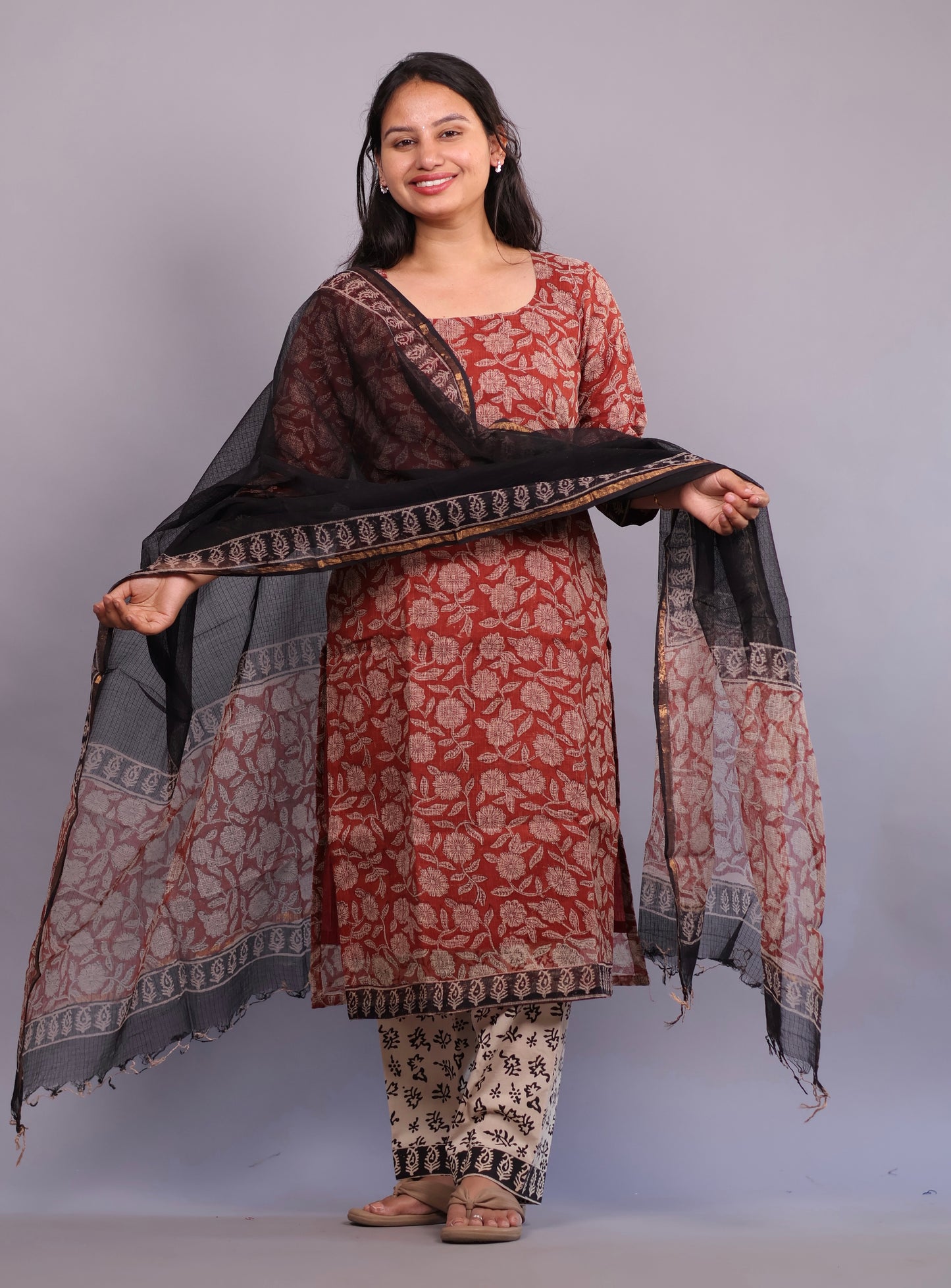 Rust Maroon Handblock printed kota 3 piece suit (stitched)