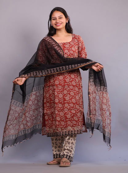 Rust Maroon Handblock printed kota 3 piece suit (stitched)