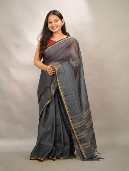 Elephant Grey Narayanpet Cotton Saree | Looms & Tassels