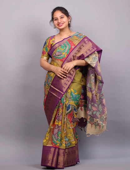 Mehendi Green Hand Painted Pen Kalamkari Silk Saree