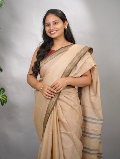 Sand Beige Narayanpet Cotton Saree | Looms & Tassels