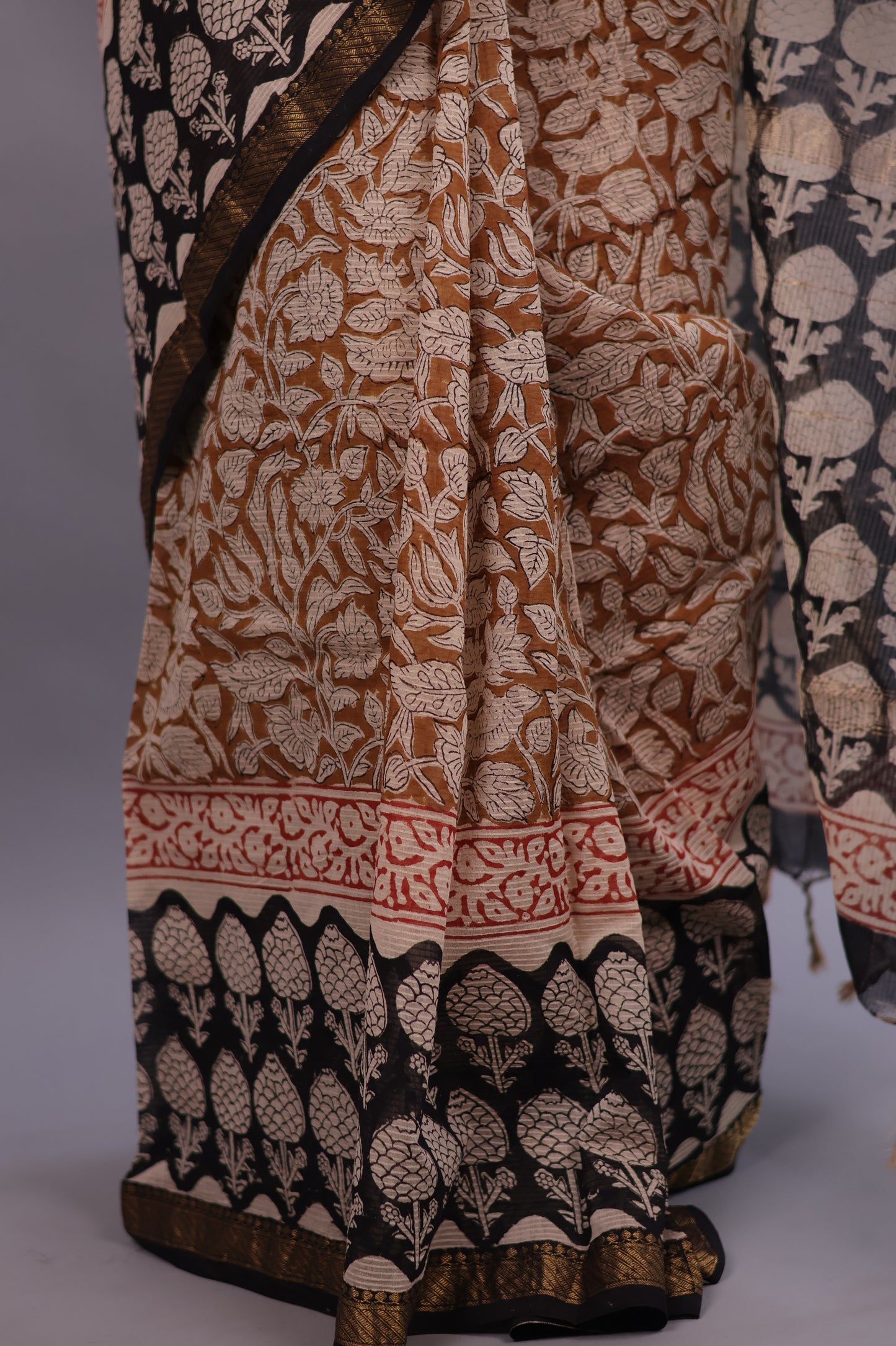 Bagru Hand Block Printed Maheswari Silk Cotton Saree